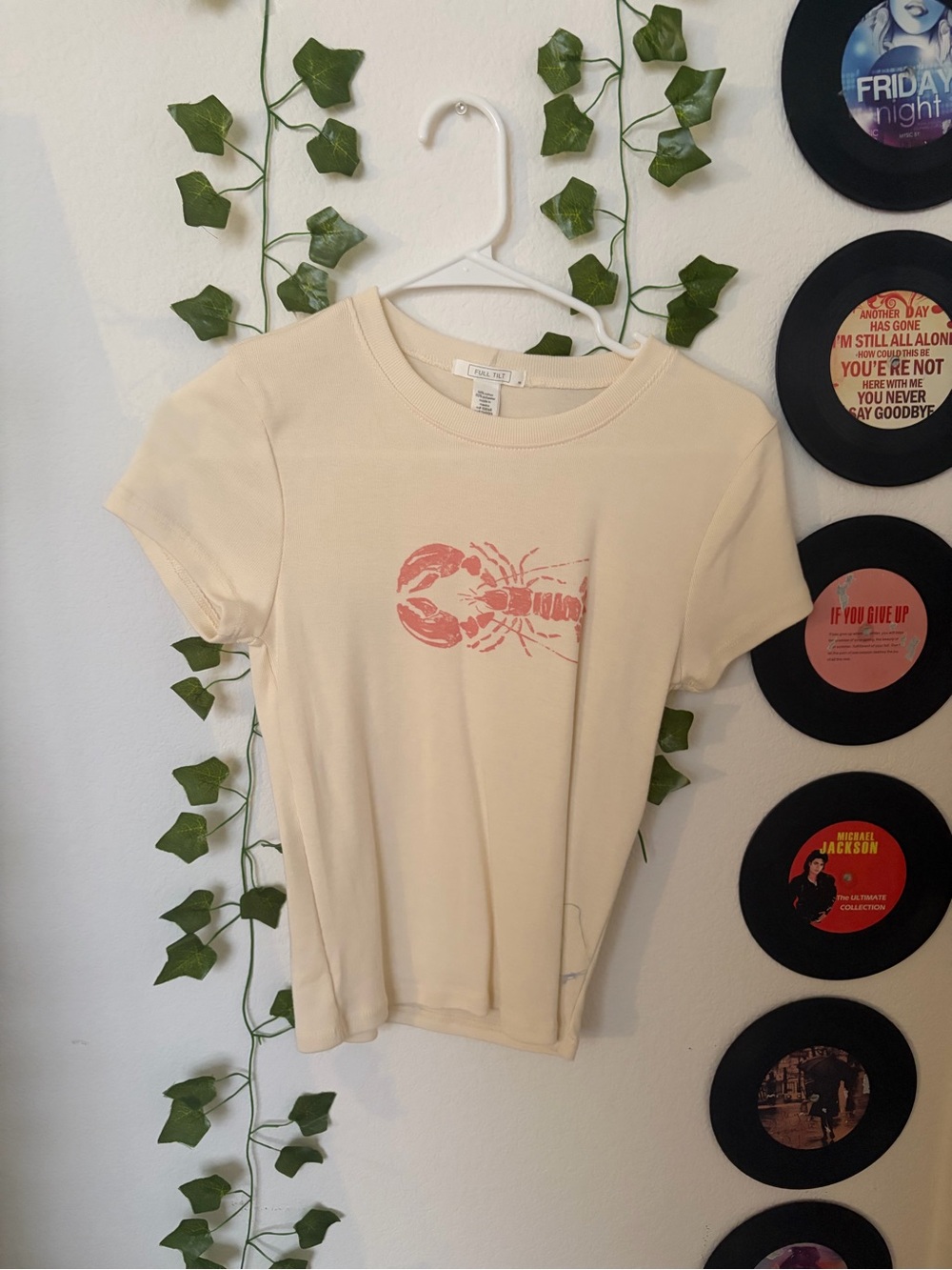 Full Tilt Cream Short Sleeve Tee with Coral Lobster Graphic